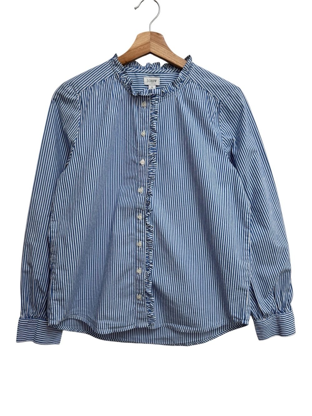 J. Crew Factory Stripe Ruffle Trim Button Down Shirt Blouse Top Women Small Prep